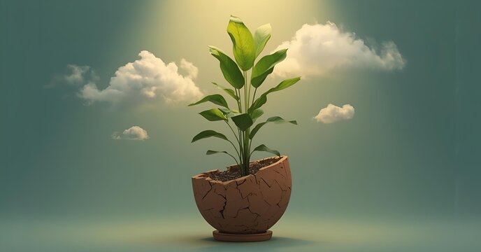 A green glowing plant on the broken clay pot.