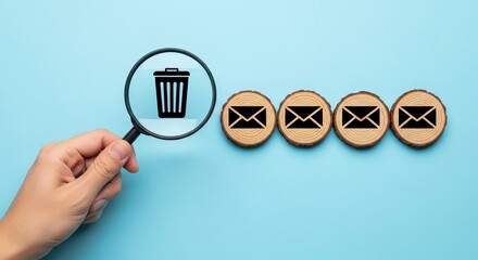 Magnifying glass discovers trash icon near row of email icons on wooden slices, representing data deletion or inbox cleanup.