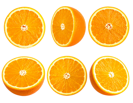 Sliced oranges show vibrant sections, rind, and pith, against a black background creating a visually striking display
