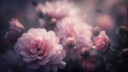 Painterly macro shot of flowers, ethereal glow, cinematic lighting, blurred textures, surreal atmosphere, fine art photography