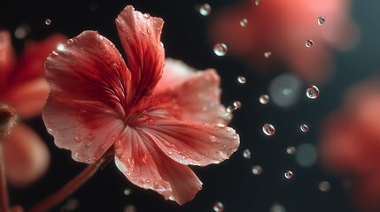 Delicate red geranium flowers are moving, water drops are falling softly, soft blur effect, simple aesthetics.