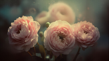 Painterly macro shot of flowers, ethereal glow, cinematic lighting, blurred textures, surreal atmosphere, fine art photography