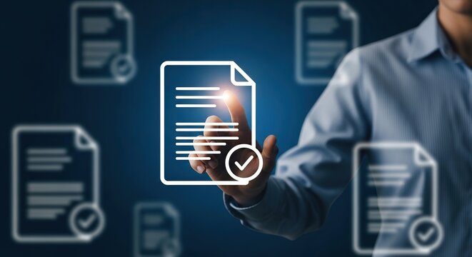 Professional manager approves digital document with glowing checkmark on futuristic interface, simplifying compliance and data management.