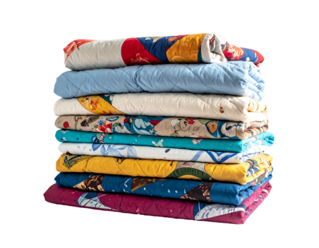 Stack of folded, colorful, diamond-stitched blankets. Varied patterns and colors create a cozy, inviting look