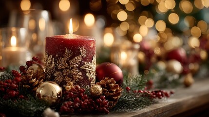 Christmas decorations, candles, pine branches, red and gold ornaments, soft bokeh lights, studio lighting.