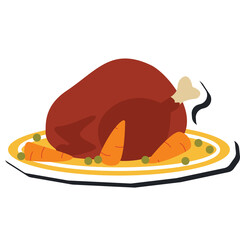 A delicious roasted chicken with carrots and peas served on a platter with steam rising symbolizing a hot meal and a festive dinner occasion