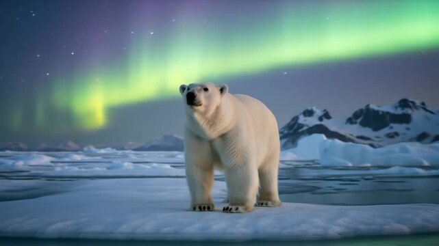 A majestic polar bear gazing upwards at the aurora borealis dancing across the night sky