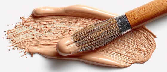 Beige paint smear with wooden brush on a white backdrop