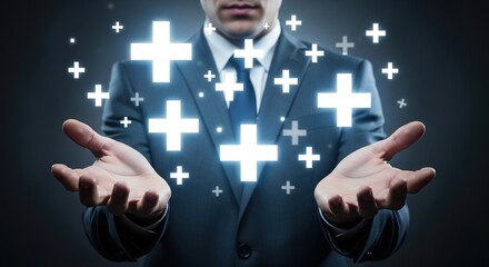 Professional businessman presenting glowing plus signs, symbolizing growth, benefits, and positive outcomes with open hands.