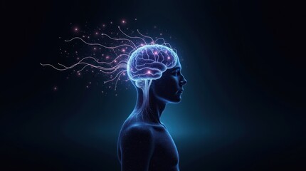 Rendered illustration depicts a human profile with a glowing brain, showcasing neural connections radiating outward, with a dark background and a focus on the concept of consciousness.
