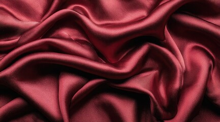 Luxurious deep maroon satin fabric drapes in soft, flowing folds, showcasing a rich, elegant texture.