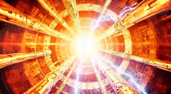 High-energy particle accelerator core emitting plasma arcs in futuristic lab. Seamless looping 4k video background