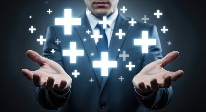 Professional businessman presenting glowing plus signs, symbolizing growth, benefits, and positive outcomes with open hands.