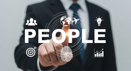 Professional businessman interacts with digital interface highlighting global connections, growth, innovation, and people analytics for business success.