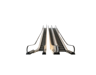Three escalators ascend, centered against a stark black backdrop, highlighting their mechanical structure