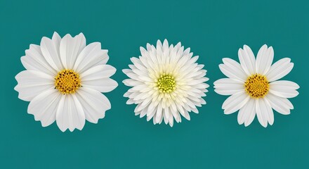 Obraz premium Three pristine white daisies with vibrant yellow centers arranged elegantly against a serene teal background, symbolizing purity and natural beauty for any project.