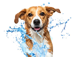 Smiling brown and white dog portrait with a splash of blue water effect