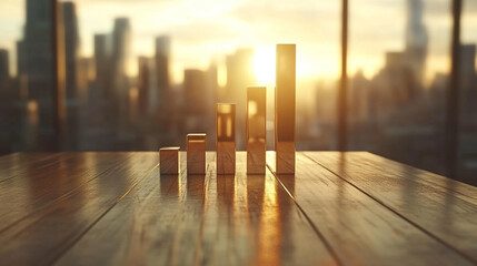 A bar graph rises as a sleek, shiny physical structure from a modern desktop, blending data visualization with tangible design. The scene symbolizes clarity, progress, and the fusion of technology wit