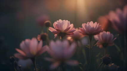 Macro shot of flowers with artistic blur, warm highlights, cool shadows, surreal dreamy mood, cinematic depth