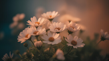 Macro shot of flowers with artistic blur, warm highlights, cool shadows, surreal dreamy mood, cinematic depth