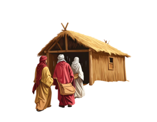Three figures approach a straw hut in a desert setting, illustrated in a stylized, cartoonish way