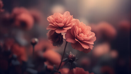 Macro shot of flowers with artistic blur, warm highlights, cool shadows, surreal dreamy mood, cinematic depth