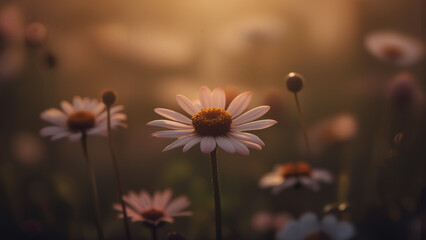 Macro shot of flowers with artistic blur, warm highlights, cool shadows, surreal dreamy mood, cinematic depth