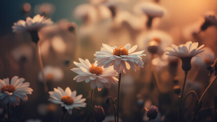 Macro shot of flowers with artistic blur, warm highlights, cool shadows, surreal dreamy mood, cinematic depth