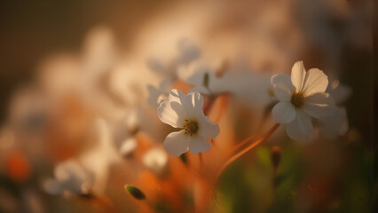 Macro shot of flowers with artistic blur, warm highlights, cool shadows, surreal dreamy mood, cinematic depth