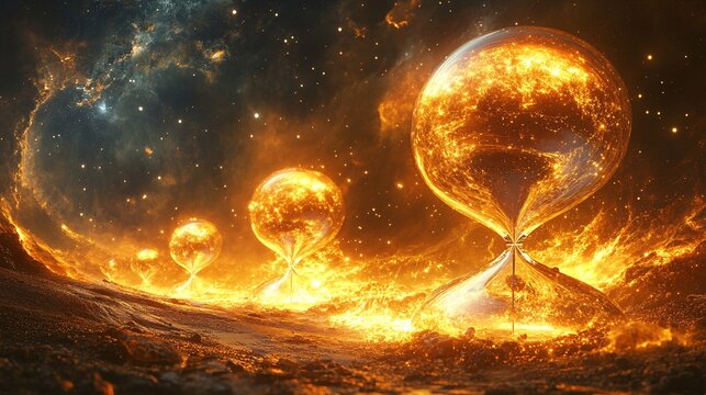 Golden hour-glasses cascade across a surreal landscape, capturing fleeting moments in a dramatic display. The imagery evokes the urgency of time passing and the beauty of its inevitable flow.