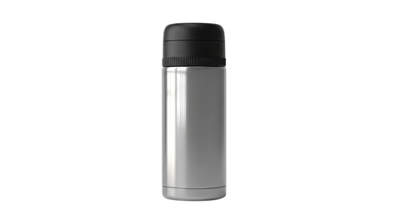 A silver-colored, insulated, stainless steel thermos bottle with a black lid and a black band around the neck, standing upright on a white surface with a shadow cast on the ground.