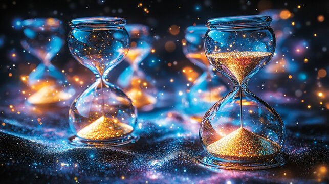 Hourglasses filled with golden sand, surrounded by shimmering lights, evoking a sense of urgency and the fleeting nature of time, suitable for various thematic applications.
