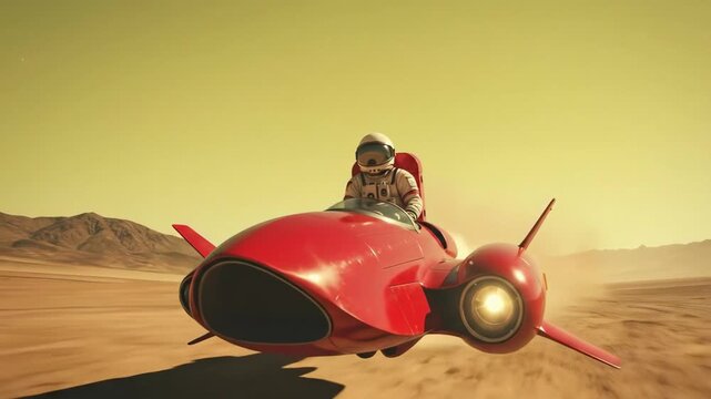 Retro Sci-Fi Astronaut Speeder Racing Across a Desolate Alien Planet Landscape Under a Yellow Sky.