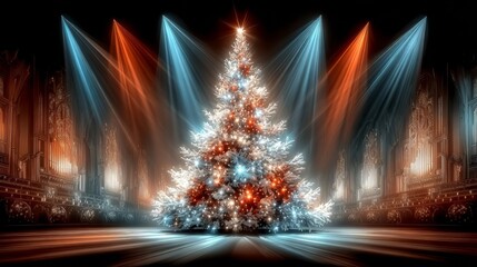 Decorated Christmas tree on a grand stage, dramatic and festive, illuminated by red and blue spotlights for a holiday concert