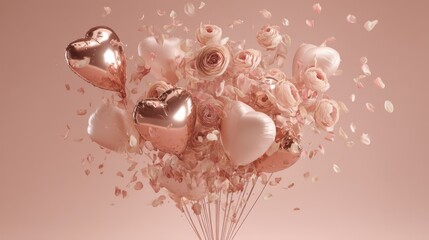 Fototapeta premium Bouquet of heart-shaped balloons and roses, romantic and celebratory, flying against a rose gold background