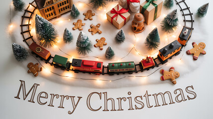 Christmas train set with miniature trees, gifts, and gingerbread figures arranged in a festive display with lights and 'Merry Christmas' text