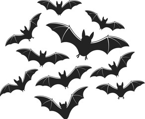 Flying black bats silhouette collection, spooky halloween night illustration, gothic horror vector design, dark animal pattern for decoration and art