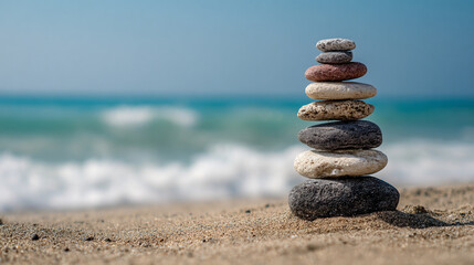 Fototapeta premium zen stone stack balanced on a sandy shore, evoking calm, mindfulness, harmony, and meditative tranquility by the water’s edge