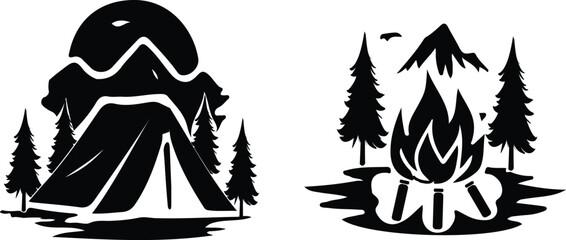 Camping adventure vector set featuring tents, campfire, forest, and mountain scenes under moon and stars, symbolizing outdoor exploration and nature travel.