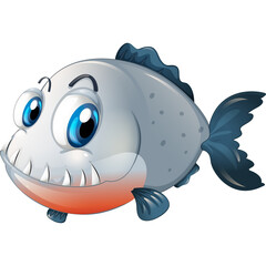 Cartoon Piranha Fish With Big Blue Eyes Sharp Teeth and Dark Blue Fins on Transparent Background