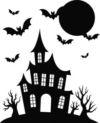 Haunted house silhouette with flying bats, spooky halloween night illustration, gothic dark castle, creepy trees, full moon horror art