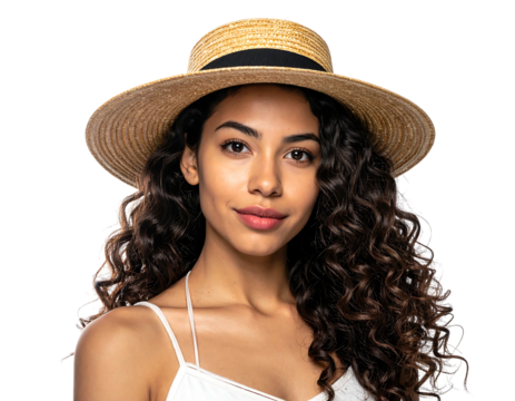 Smiling woman with curly brown hair wearing a straw hat & white top against a black backdrop, looking at the camera
