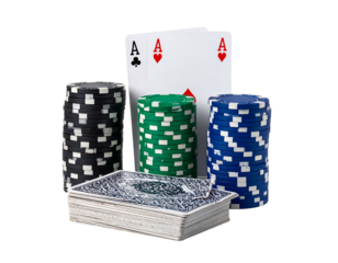 Three ace cards are standing next to three stacks of chips, resting on a deck of cards, against a black background