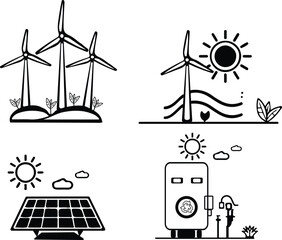 Eco energy concept vector set featuring wind turbines, solar panels, and EV charging station icons promoting renewable and sustainable energy sources.