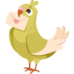 Cartoon Olive Pigeon Carrying a Love Letter in its Beak with Pink Heart Detail on Envelope and Transparent Background