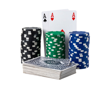 Three ace cards are standing next to three stacks of chips, resting on a deck of cards, against a black background