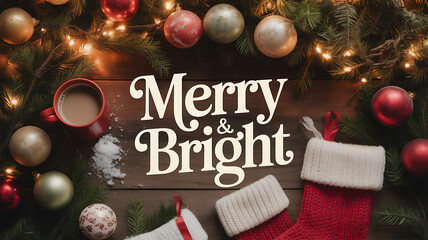 Christmas scene with ornaments, stockings, and a mug of hot beverage on a wooden table
