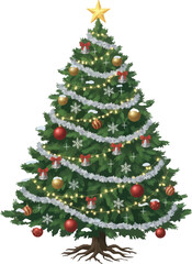 Decorated Christmas tree with red balls and festive ornaments
