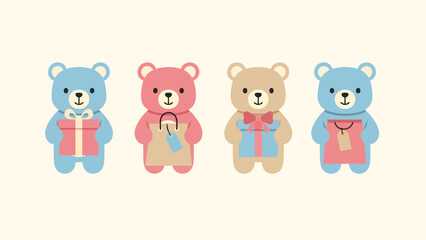 Naklejka premium Cute Cartoon Teddy Bears with Gifts and Shopping Bags for Holiday Season
