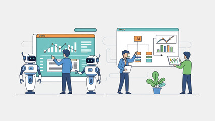 AI-Powered Business Solutions: Humans and Robots Analyzing Data Together